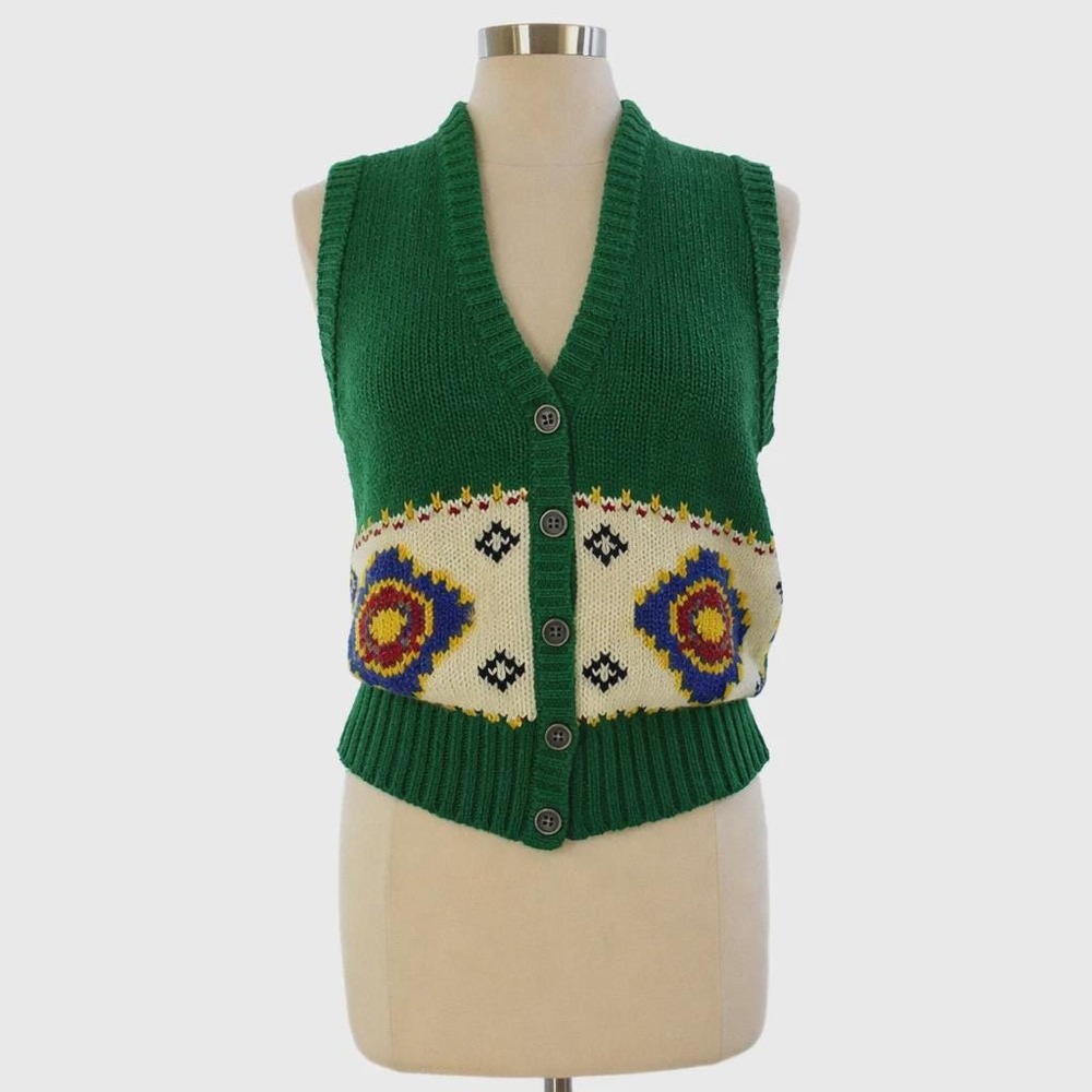 70s Vintage Southwest Sweater Vest Womens S Green Geometric Boho Jantzen